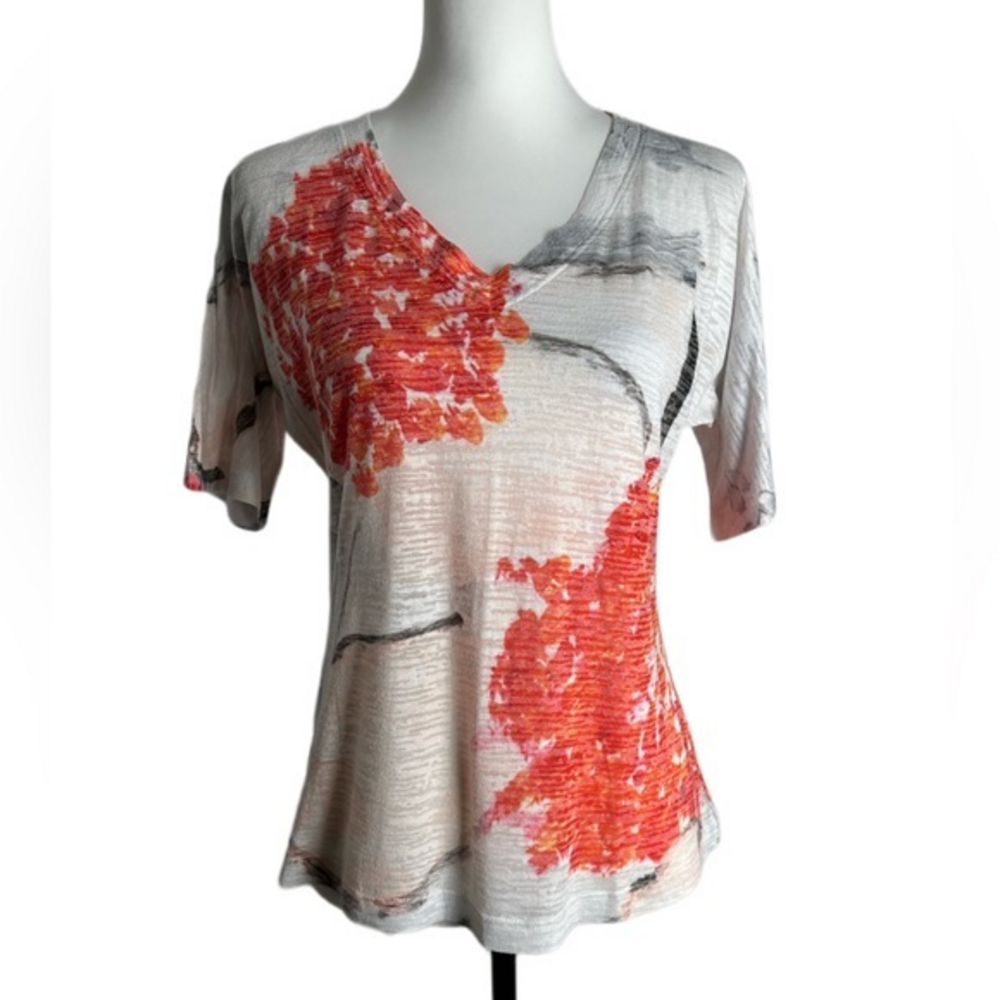 Nally‎ & Millie Abstract Floral V-Neck Short Sleeve Knit Top Multicolor Womens S